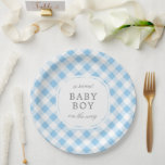 Assiettes En Carton Sky Blue En vichy Plaid Sweet Baby Boy<br><div class="desc">Détail charmant pour tout baby shower,  ces plaques de papier personnalisé sont dotées d'un motif plaid bleu ciel et blanc en vichy doux et d'un texte facile à personnaliser pour un détail de fête qui a le charme d'une maison de campagne.</div>