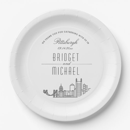Assiettes En Carton Skyline Pittsburgh Deco | Événement Mariage (Devant)