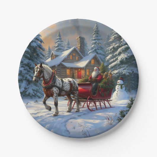 Assiettes En Carton Sleigh Père Noël à cheval de Noël (Devant)
