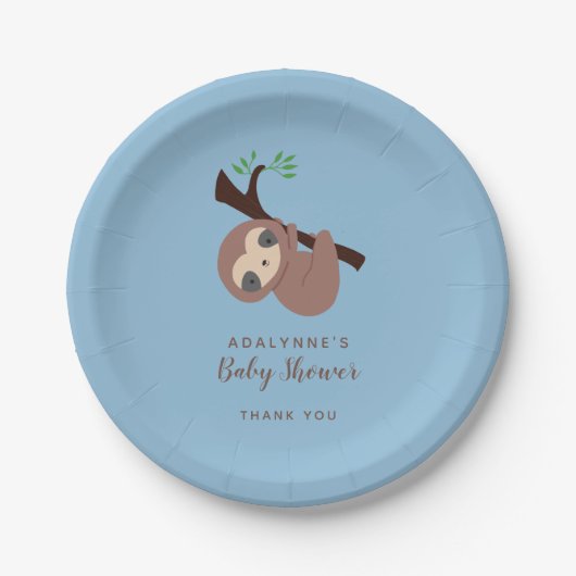 Assiettes En Carton Sloth Baby shower Boy Blue Script Brown (Devant)