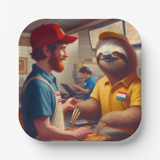 Assiettes En Carton Sloth Fast Food Worker (Recto)