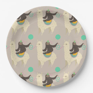 Assiettes En Carton Sloth Riding Llama Grey Plaques de papier d'annive