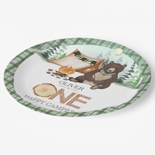 Assiettes En Carton S'more Camping Bear ONE Happy Camper 1er anniversa (Angle)