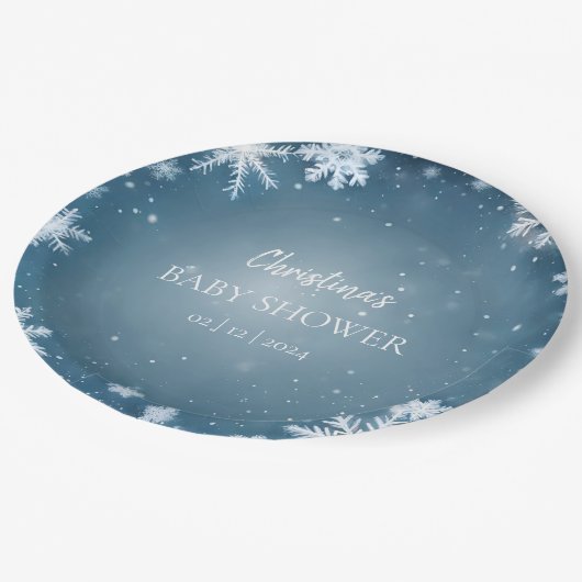 Assiettes En Carton Snowflake Winter Wonderland Baby shower Bleu (Angle)