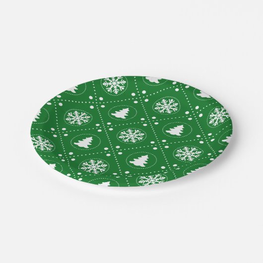 Assiettes En Carton Snowflakes blancs Arbres de Noël Design vert (Angle)