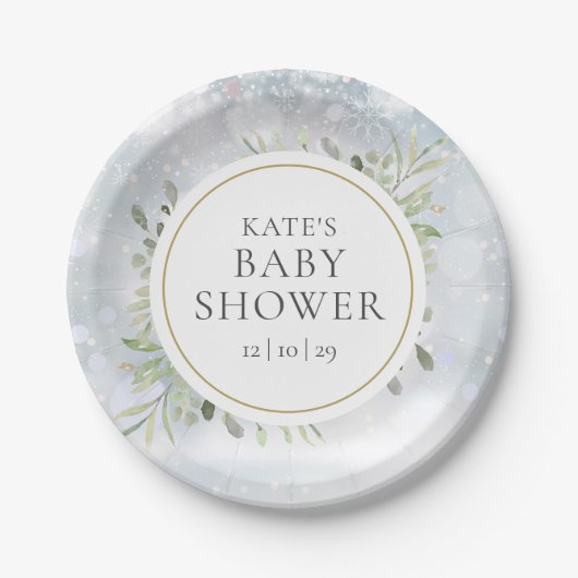 Assiettes En Carton Snowflakes d'hiver Baby shower verdoyant (Devant)