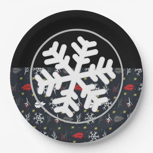 Assiettes En Carton Snowflakes et Feuilles de Noël avec dos noir (Devant)