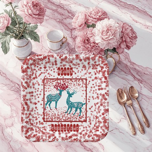 Assiettes En Carton Snowflakes Nordic Joyeux renne de Noël Scandia