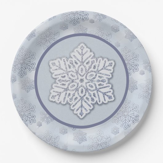Assiettes En Carton Snowflakes Parties scintillant argent Dusty Blue (Devant)