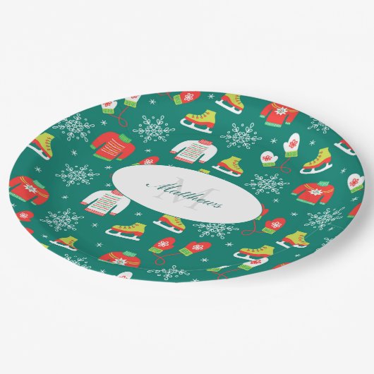 Assiettes En Carton Snowflakes Turquoise Monogramme Motif Noël (Angle)