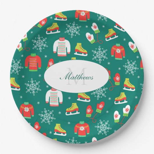 Assiettes En Carton Snowflakes Turquoise Monogramme Motif Noël (Devant)