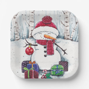 Assiettes En Carton Snowman Avec Cadeaux En Aquarelle Plaque Papier