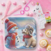 Assiettes En Carton Snowman Avec Chien (Fête)