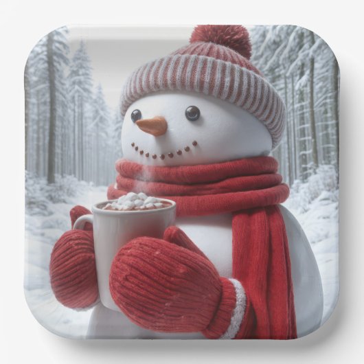 Assiettes En Carton Snowman Avec Chocolat Chaud (Recto)