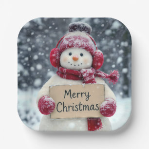 Assiettes En Carton Snowman avec joyeux signe de Noël