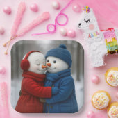 Assiettes En Carton Snowman Couple Hugging in Winter Forest (Fête)