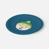 Assiettes En Carton Snowman de Noël en Casquette vert sur bleu (Angle)
