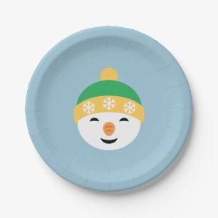 Assiettes En Carton Snowman de Noël en Casquette vert sur bleu clair