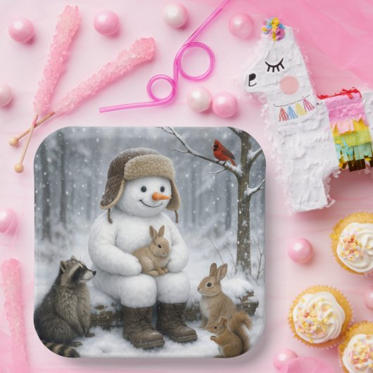 Assiettes En Carton Snowman In Winter Woods With Animal Friends (Fête)