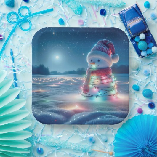 Assiettes En Carton Snowman Tangé Dans Les Lumières De Noël (Fête)