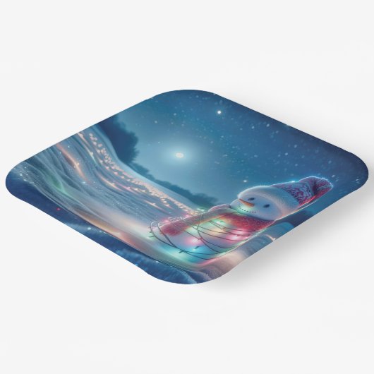 Assiettes En Carton Snowman Tangé Dans Les Lumières De Noël (Angulaire)