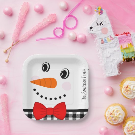 Assiettes En Carton Snowman Visage Rouge Bowtie noir Buffalo plaqué (Fête)