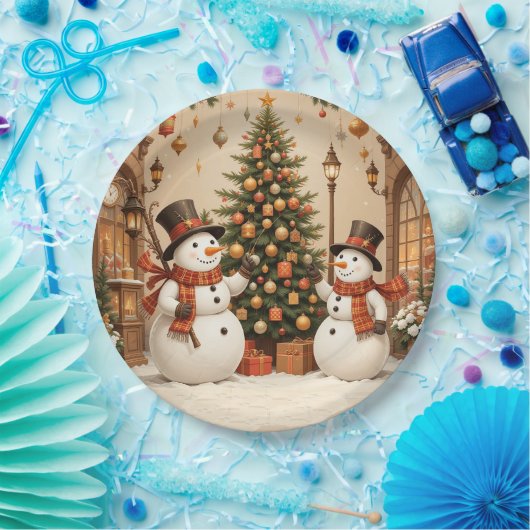 Assiettes En Carton Snowmans et sapin de Noël rétro (Fête)