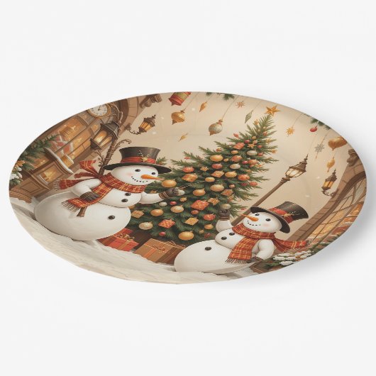 Assiettes En Carton Snowmans et sapin de Noël rétro (Angle)