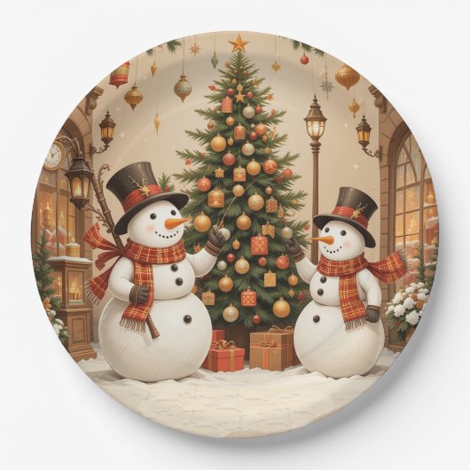 Assiettes En Carton Snowmans et sapin de Noël rétro (Devant)