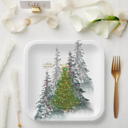 Assiettes En Carton Snowy Forest Christmas Tree paper plates (Mariage)
