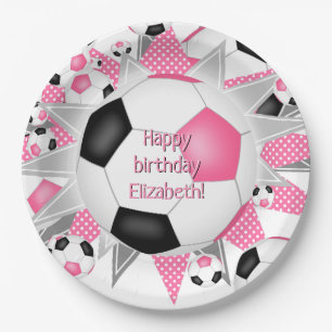 Assiettes En Carton soccerball noir rose souffle sport anniversaire