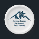 Assiettes En Carton Société immobilière Mountain Marketing personnalis<br><div class="desc">Une chaîne de montagnes cool société immobilière plaques de papier pour une entreprise immobilière située dans une ville ou une ville montagneuse. Le nom du royaume est écrit en écriture bleu marine sous la maison au milieu des montagnes. Excellent article de marketing pour un constructeur de maisons en montagne.</div>