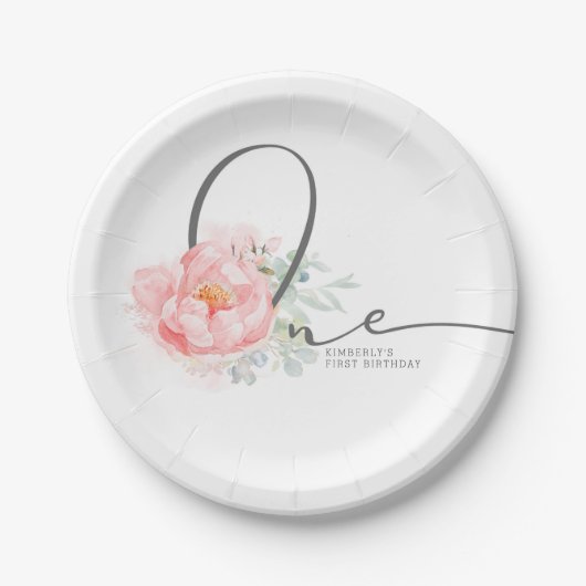 Assiettes En Carton Soft Pastel Flower Élégant Script 1er Anniversaire (Devant)