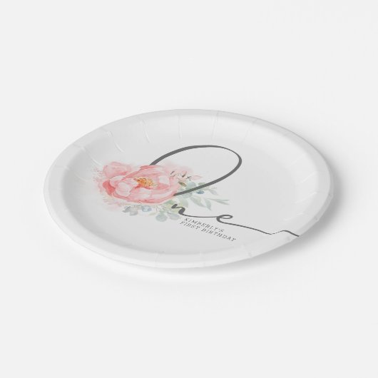 Assiettes En Carton Soft Pastel Flower Élégant Script 1er Anniversaire (Angle)
