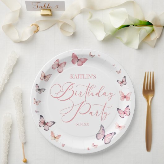 Assiettes En Carton Soft rose papillon fête d'anniversaire (Mariage)