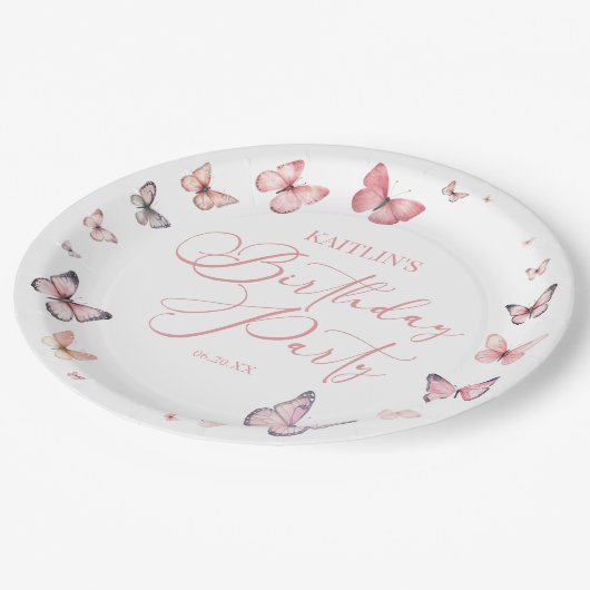 Assiettes En Carton Soft rose papillon fête d'anniversaire (Angle)