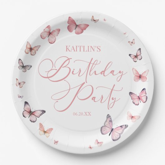 Assiettes En Carton Soft rose papillon fête d'anniversaire (Devant)