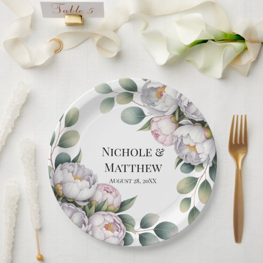 Assiettes En Carton Soft White Peony with Eucalyptus Leaves Wedding (Mariage)