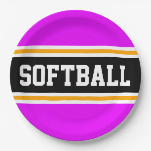 Assiettes En Carton SOFTBALL rose vif noir orange rayures de course