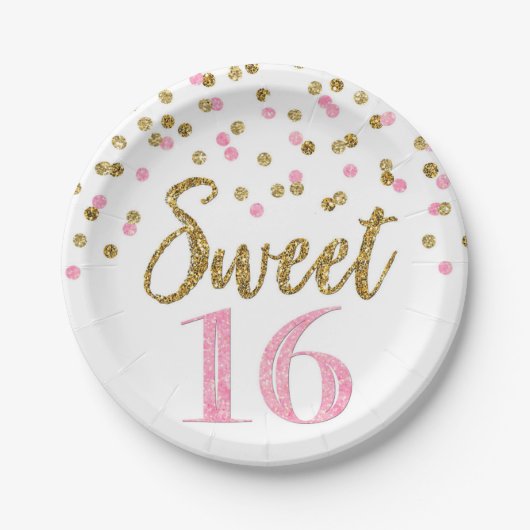 Assiettes En Carton Soirée Confetti Gold rose 16 Anniversaire (Devant)