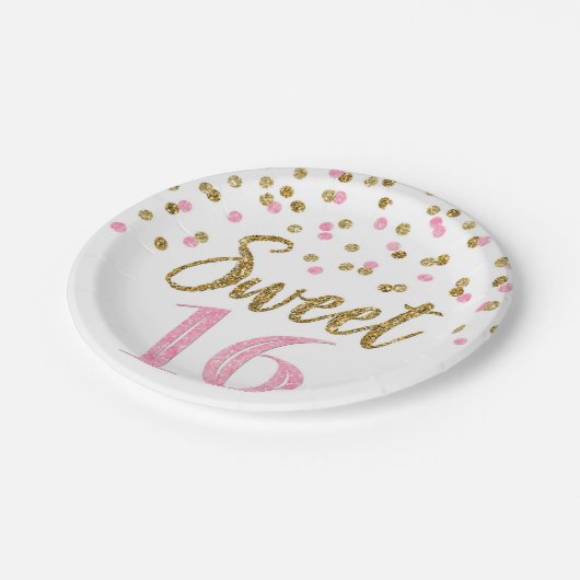 Assiettes En Carton Soirée Confetti Gold rose 16 Anniversaire (Angle)