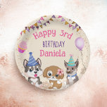 Assiettes En Carton Soirée d'anniversaire aux chiots mignons<br><div class="desc">Mignonnes chiots fête d'anniversaire chiot personnalisées nom de fête plaques,  très mignon gentil pour les gens qui aiment le chien. Couleurs roses pour un anniversaire de fille.</div>