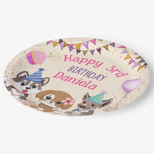Assiettes En Carton Soirée d'anniversaire aux chiots mignons (Angle)