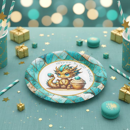 Assiettes En Carton Soirée d'anniversaire pour garçon Turquoise d'or p