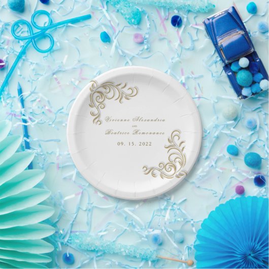 Assiettes En Carton Soirée de mariage élégante de défilement or (Fête)