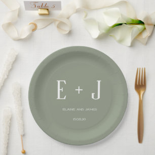 Assiettes En Carton Soirée de mariage moderne Sage Vert & Blanc Monogr