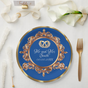 Assiettes En Carton Soirée de mariage personnalisée en or et bleu