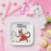 Assiettes En Carton Soirée de Noël de tennis avec joueurs de chat (Fête)
