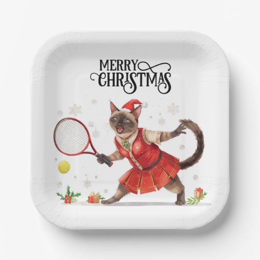 Assiettes En Carton Soirée de Noël de tennis avec joueurs de chat (Recto)
