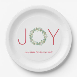 Assiettes En Carton Soirée de Noël Elegant Red et Green Joy Wreath